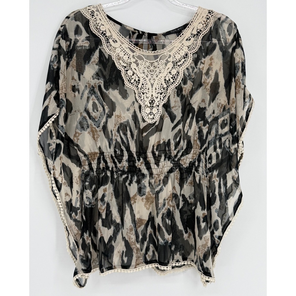 Coupe Collection Women Smocked Peplum Blouse Lace V-Neck Chiffon Print Sz S